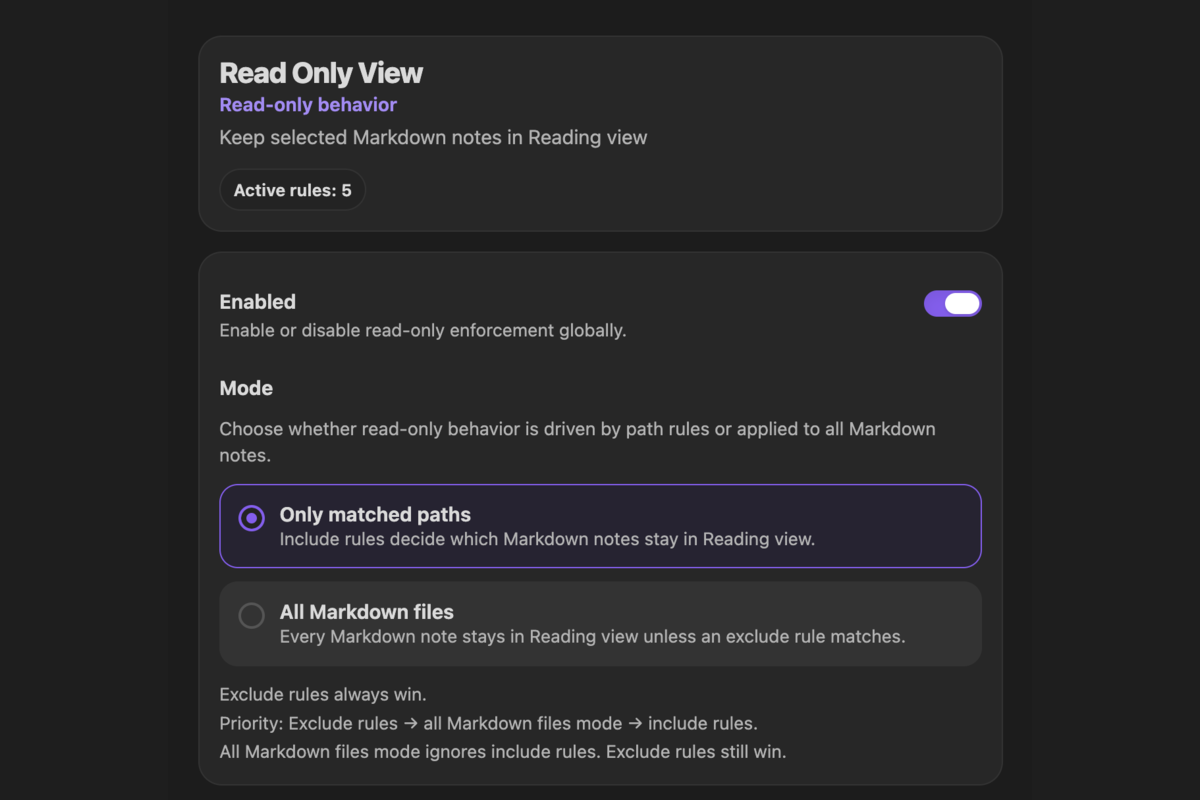 Read Only View settings with Only matched paths selected