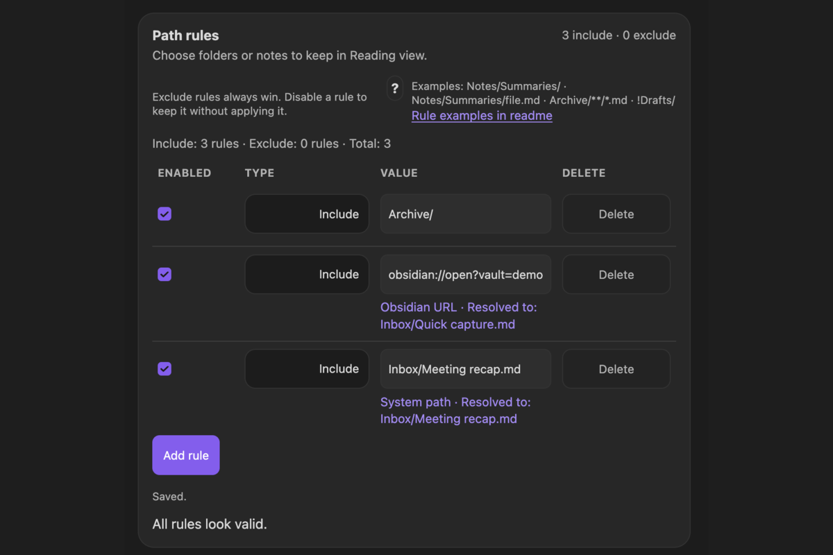 Path rules showing vault paths, Obsidian URLs, and system paths