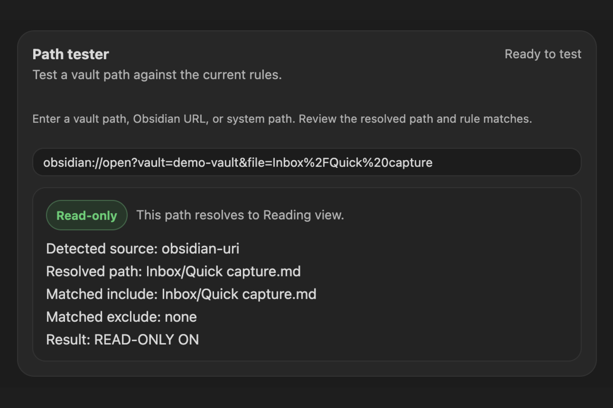 Path tester resolving an Obsidian URL and reporting Read-only